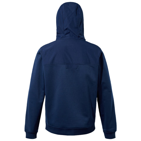 A navy blue hooded sweatshirt is displayed with the back view visible showcasing a simple design with a slightly textured upper panel and ribbed cuffs on the sleeves