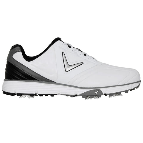 A white golf shoe with a sleek design featuring a black and gray accent is positioned on a flat surface displaying its studded sole and lace-up front, suitable for use on a golf course.