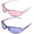 Eyelevel Kids Sparkler Sunglasses Two pairs of stylish sunglasses are displayed with pink and purple tinted lenses The pink sunglasses are on top while the purple ones are below showcasing their sleek and modern designs