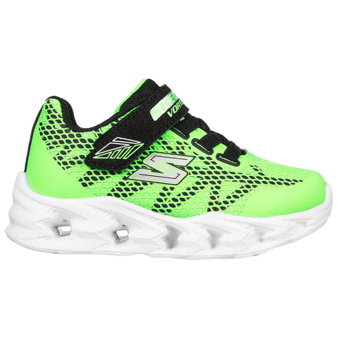 Neon green athletic shoe features a breathable mesh upper with black accents and a strap closure while displayed against a simple white background suggesting a focus on footwear design.