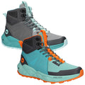 High-top athletic shoes in gray and teal are displayed side by side showcasing distinct color patterns and textures with contrasting orange laces and accents in a neutral background.