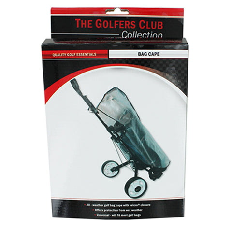 A golf bag cape is displayed in packaging featuring a transparent cover protecting a golf bag on a wheeled cart emphasizing weather protection and universal fit for most golf bags. Text states BAG CAPE and mentions quality golf essentials with details on its weather resistance and closure features.