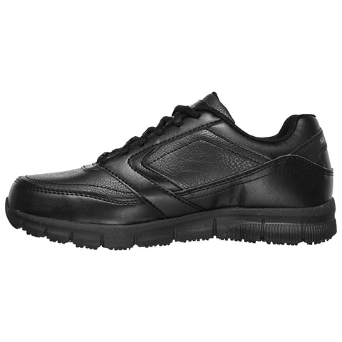 A black athletic shoe is displayed on a white background showcasing its smooth leather upper and textured sole with laces neatly tied and a slightly rounded toe.