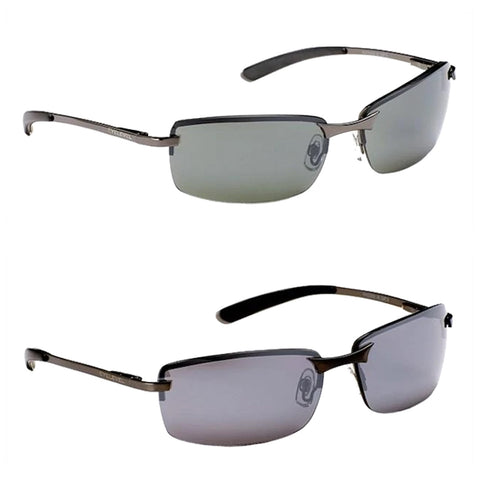 Sunglasses are displayed with a sleek design featuring a dark metal frame and tinted lenses; the top pair has light green lenses while the bottom pair has darker gray lenses.