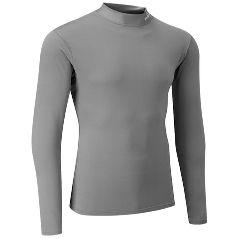 A long-sleeved gray shirt with a high collar is displayed upright on a flat surface emphasizing its smooth fabric and fitted design suitable for athletic activities or layering.