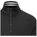 A black zippered athletic quarter-zip top is displayed featuring a high collar and textured shoulder design suggesting comfort and style suitable for sports activities or casual wear.