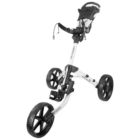 A golf push cart stands upright with three wheels highlighted. It features a handle for pushing and a compartment for storage in a minimalist design suitable for outdoor golf courses.