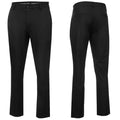 Black trousers are displayed from the front and back showcasing a straight-leg fit with side and back pockets designed for golfing or casual wear against a neutral background.