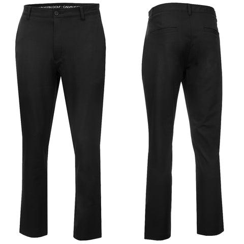 Black trousers are displayed from the front and back showcasing a straight-leg fit with side and back pockets designed for golfing or casual wear against a neutral background.