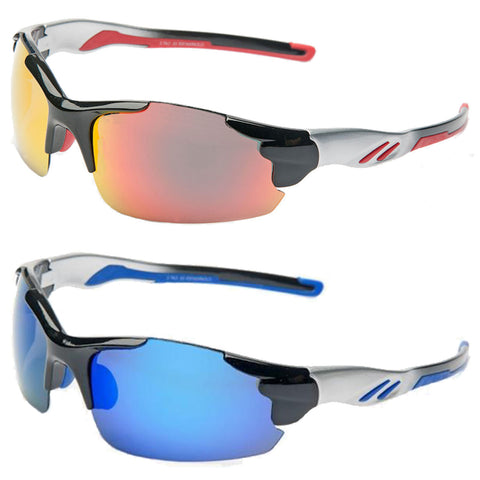 Two pairs of sporty sunglasses are displayed with vibrant lenses. The top pair has orange-tinted lenses and red accents, while the bottom pair features blue lenses and blue accents.