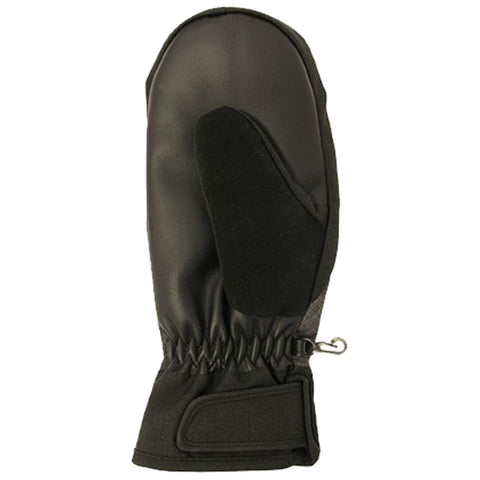 A black mittens with a smooth exterior and a separate thumb section is shown resting on a flat surface designed for warmth in cold weather conditions featuring a cinched wrist and adjustable strap.