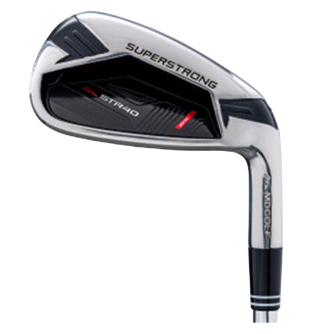 A golf club is positioned upright showcasing a shiny silver head with black detailing highlighting the brand Superstrong and model STR40 in a clean white background.