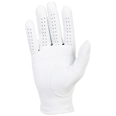 A white golf glove is displayed with an open palm showing perforations for breathability designed for better grip and comfort during gameplay usually found in a sports or outdoor context.