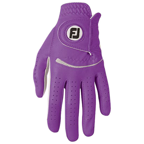 A purple golf glove rests with fingers extended showcasing a textured surface and ventilation holes highlighting its design for grip and comfort during gameplay on a golf course.