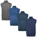 Four sleeveless zippered sweatshirts are displayed in a line showcasing different shades of gray and blue with a small logo on each chest area. 