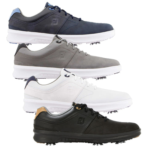 Four pairs of golf shoes are arranged vertically. Each pair features different colors: navy blue, grey, white, and black. All shoes have a low profile and visible cleats on the soles.