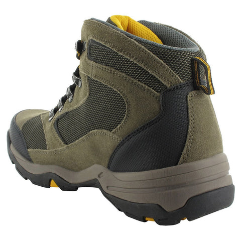 A hiking boot with a padded collar features a mix of suede and mesh materials is positioned to showcase its design and provides support and traction for outdoor activities.