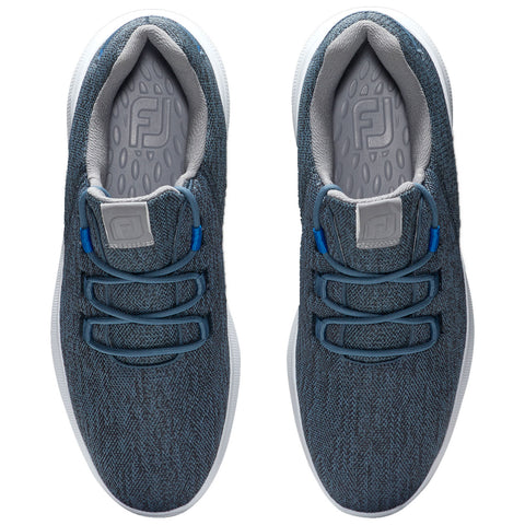 A pair of gray and blue golf shoes rests flat with visible laces and a textured upper surface within a neutral environment highlighting their design and features.