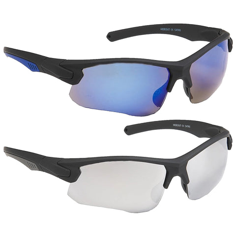 Sports sunglasses are shown with one pair featuring blue-tinted lenses and the other with clear lenses positioned together against a neutral background emphasizing their lightweight design and style.