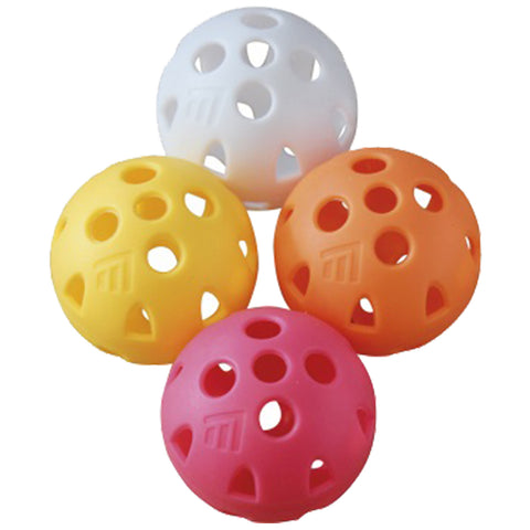 Four colorful plastic balls in white yellow orange and pink are grouped together with multiple holes they are designed for use in play activities or sports.