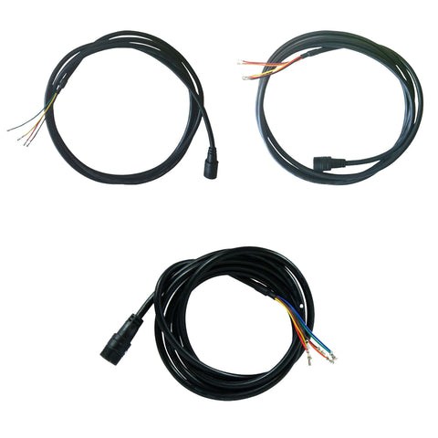 Three black electrical cables are coiled neatly. Each cable has exposed colored wires at one end, designed for connecting electrical components in various settings. The background appears plain and unobtrusive.