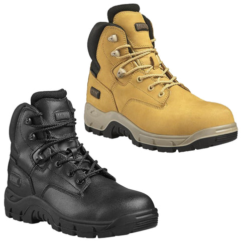 Two pairs of sturdy boots are displayed side by side. One pair is black leather with a rugged sole while the other is tan leather with visible lacing and a cushioned collar.