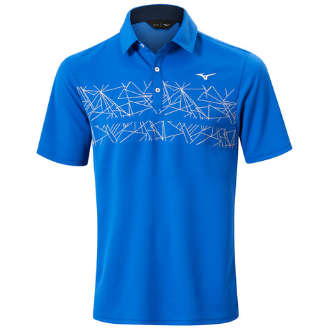 A blue polo shirt features a white geometric pattern across the chest with a subtle logo at the collar. It is designed for casual or athletic wear.