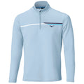 Light blue long-sleeve pullover with a half-zip neck features a sporty design and horizontal stripes in dark blue and white across the chest, suitable for casual wear or athletic activities.