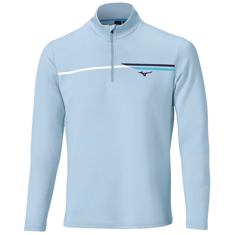 Light blue long-sleeve pullover with a half-zip neck features a sporty design and horizontal stripes in dark blue and white across the chest, suitable for casual wear or athletic activities.