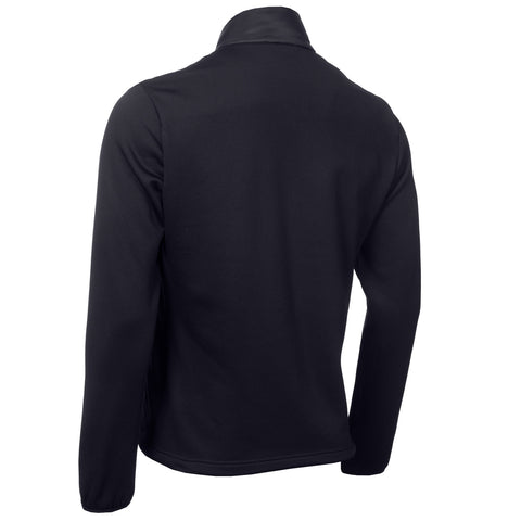 A black jacket is displayed from the back with a high collar and long sleeves the fabric appears soft suggesting it is suitable for casual or outdoor wear