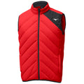 A red sleeveless puffer vest features a zippered front and a black shoulder panel. It has a chevron quilted pattern and side pockets, suitable for cold weather layering.