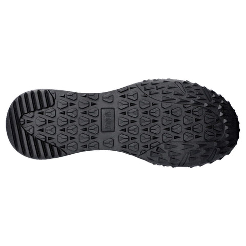 A black shoe sole features a textured grip pattern designed for traction showcasing a rounded toe and a thicker heel suitable for various outdoor terrains.