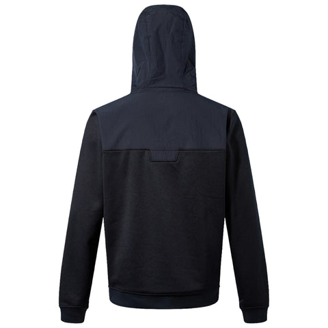 A black sweatshirt with a hood is displayed from the back featuring a contrasting upper fabric and ribbed cuffs in a neutral setting highlighting its design and functionality.