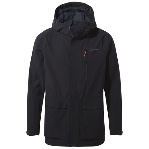 A black waterproof jacket hangs upright featuring a hood front zipper and two front pockets designed for outdoor activities in potentially wet or cold environments.