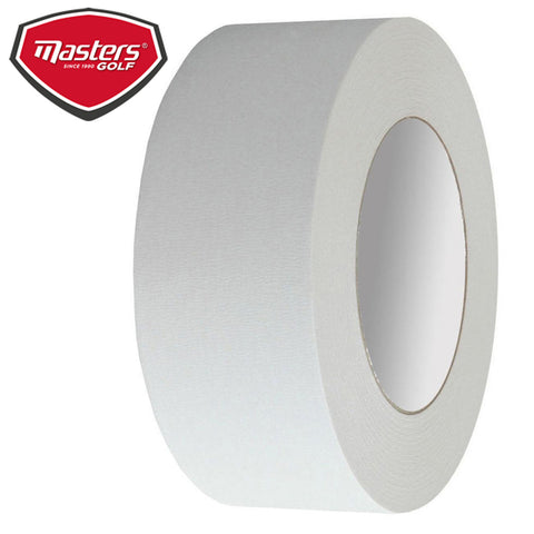 A roll of white golf tape is displayed standing upright the tape is flat textured and appears ready for application in golf-related activities. Masters Golf logo is positioned above.