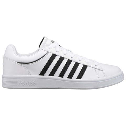 A white sports shoe features six black stripes on the side and a white sole. It is presented in a side view on a plain background.