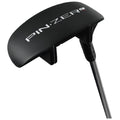 A black golf putter head rests atop a sleek black shaft featuring a textured grip the putter is designed for a game typically played on a green course.