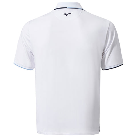 A white polo shirt is displayed flat showing short sleeves and a collar featuring a small logo on the back neck area against a plain background.