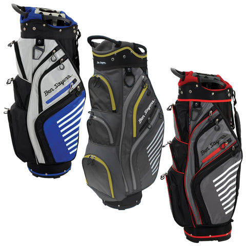 Three golf bags in varying colors are displayed side by side. Each bag features multiple pockets and is designed for carrying golf clubs and accessories. They prominently display the brand name Ben Sayers.