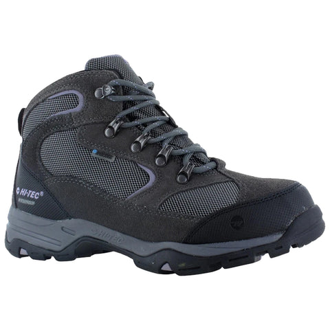 A black and gray hiking boot features a textured fabric upper and rugged sole laces are threaded through metal hooks indicating an active outdoor context suitable for trekking or hiking.