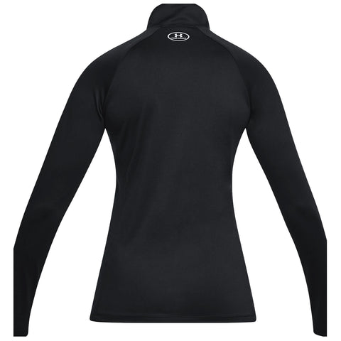 A black long-sleeve athletic shirt is displayed from the back showcasing a high collar and fitted silhouette with a logo at the upper back designed for active wear and sports contexts.