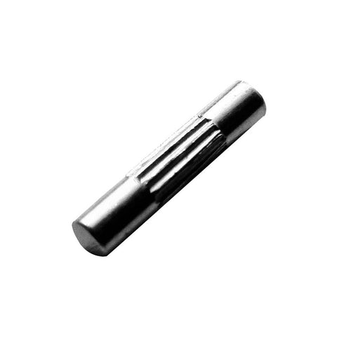 A cylindrical metal object lies flat with a smooth surface and slightly rounded ends showcasing a textured grip section on its side against a white background.