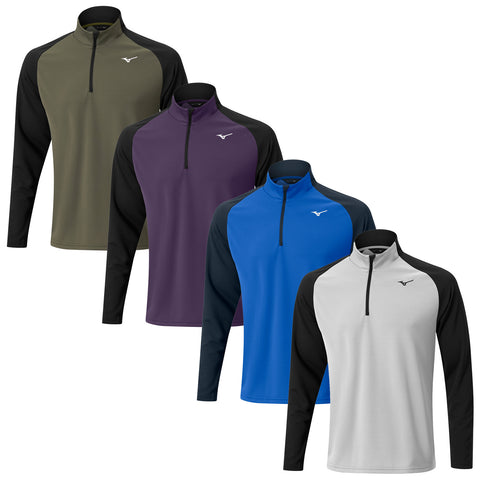 Four long-sleeved quarter-zip tops display a variety of colors including olive green, purple, blue, and gray with black contrasting sleeves arranged side by side against a plain background.