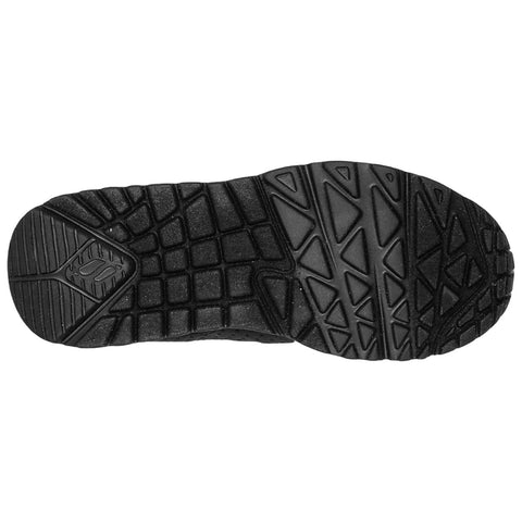 A black sneaker sole is displayed with a textured pattern and grip design indicating durability and functionality suitable for various surfaces, presented against a plain background.