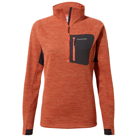 A vibrant orange pullover features a zippered neck and a black chest pocket with a zipper. The fabric has a textured pattern, suitable for outdoor activities and casual wear.