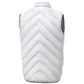 A white puffy vest features a chevron pattern on its back with no sleeves providing warmth in cooler environments designed for casual wear or outdoor activities.