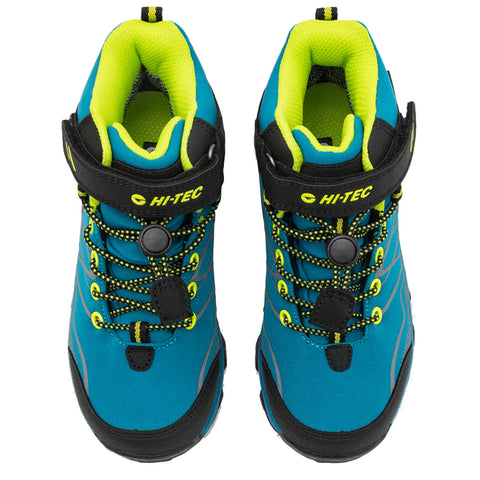 Two blue hiking boots with black and neon yellow accents are positioned upright. The boots feature laces, a buckle, and cushioned collars, suitable for outdoor activities.