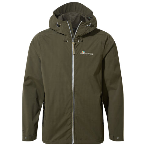 A green waterproof jacket with a zip front is displayed. It features a hood and adjustable elements, suitable for outdoor conditions, presented against a neutral background.