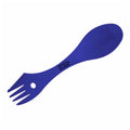 A vibrant blue spork features a forked end and a spoon-shaped scoop with a serrated edge for cutting. The word "ROCK RIVER" is printed on its surface.