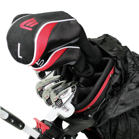 A golf bag features covered clubs with a black and red headcover on top while shiny metal clubs are neatly arranged in the bag's compartment against a plain white background.